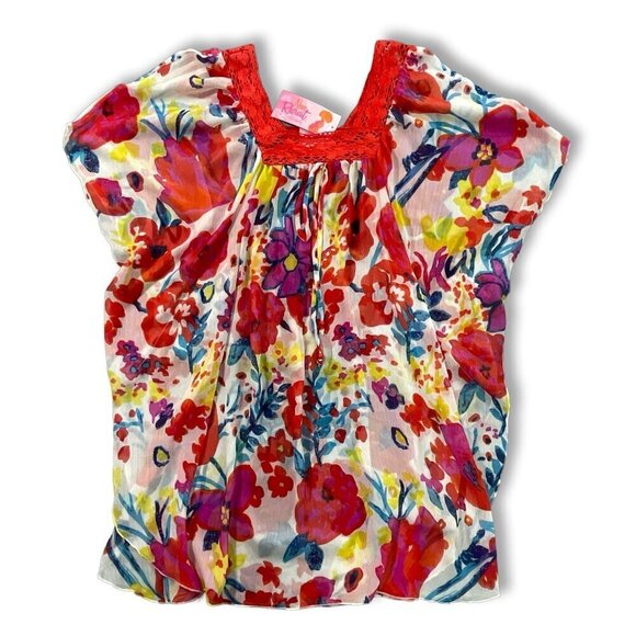 New Recruit Maternity Top Large Red Floral Chiffon Crochet Loungewear Sheer Cozy - Picture 5 of 11